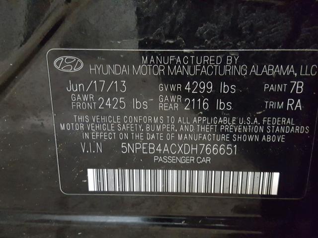 5NPEB4ACXDH766651 - 2013 HYUNDAI SONATA GLS BLACK photo 10