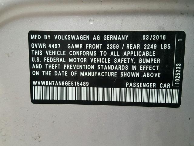 WVWBN7AN9GE515489 - 2016 VOLKSWAGEN CC BASE SILVER photo 10