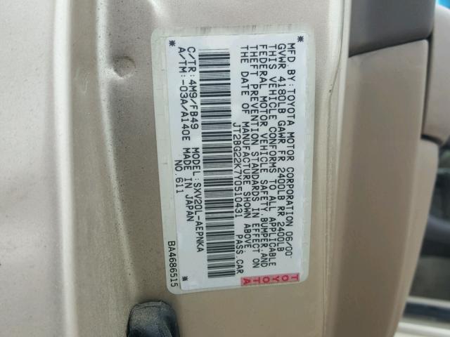 JT2BG22K7Y0510431 - 2000 TOYOTA CAMRY CE GOLD photo 10