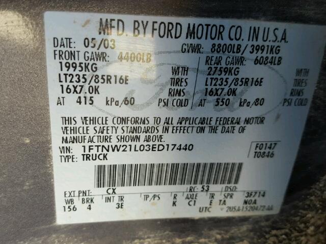 1FTNW21L03ED17440 - 2003 FORD F250 SUPER GRAY photo 10