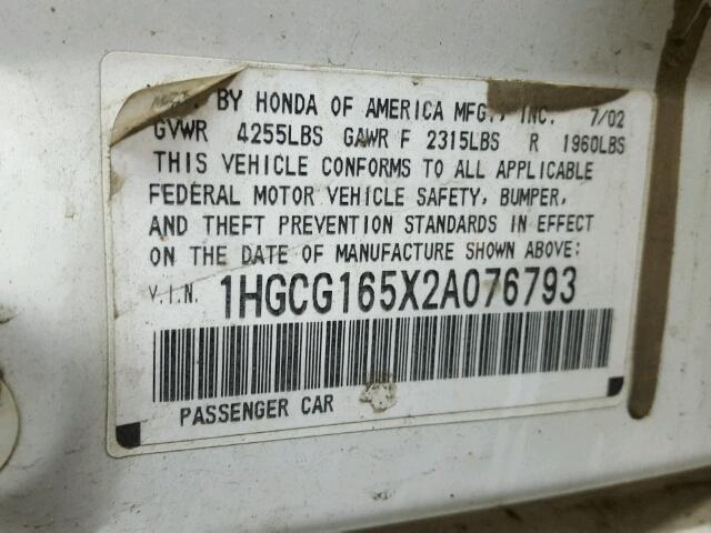 1HGCG165X2A076793 - 2002 HONDA ACCORD EX WHITE photo 10