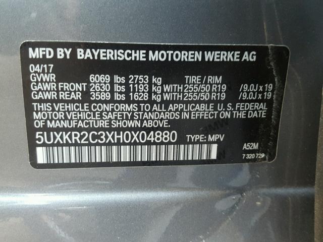 5UXKR2C3XH0X04880 - 2017 BMW X5 SDRIVE3 CHARCOAL photo 10