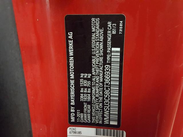 WMWSU3C58CT366939 - 2012 MINI COOPER RED photo 10