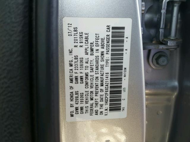 1HGCP2F6XCA211416 - 2012 HONDA ACCORD SE GRAY photo 10