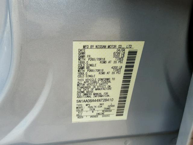 5N1AA08A44N728410 - 2004 NISSAN ARMADA SE SILVER photo 10