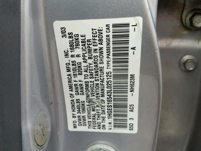 1HGES16543L025125 - 2003 HONDA CIVIC LX SILVER photo 10