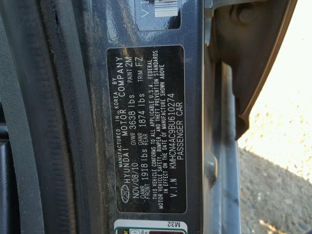 KMHCN4AC9BU610274 - 2011 HYUNDAI ACCENT GLS CHARCOAL photo 10