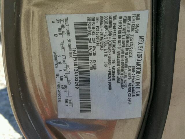 1FAFP53U12A103299 - 2002 FORD TAURUS SE GOLD photo 10