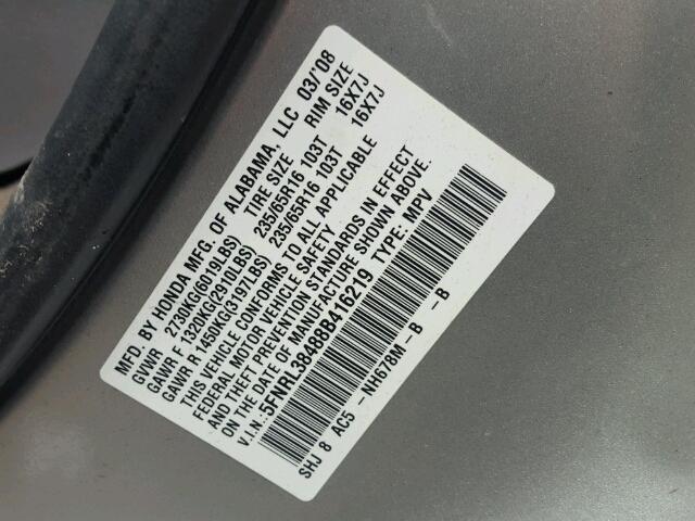 5FNRL38488B416219 - 2008 HONDA ODYSSEY EX SILVER photo 10