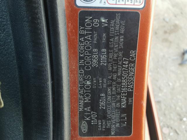 KNAFE161885017447 - 2008 KIA SPECTRA5 5 ORANGE photo 10