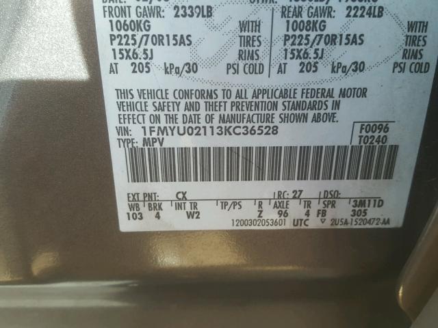 1FMYU02113KC36528 - 2003 FORD ESCAPE XLS GRAY photo 10