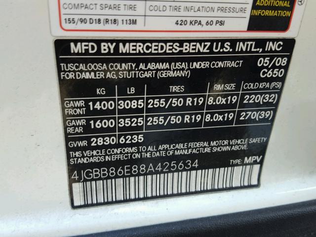 4JGBB86E88A425634 - 2008 MERCEDES-BENZ ML 350 WHITE photo 10