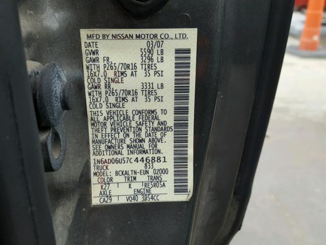 1N6AD06U57C446881 - 2007 NISSAN FRONTIER K GRAY photo 10