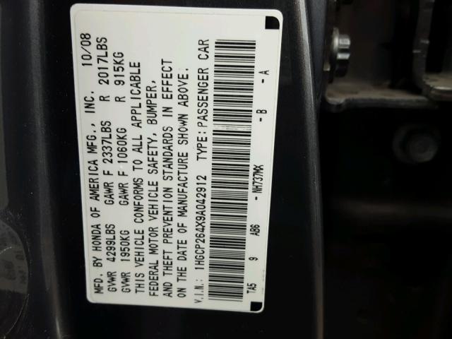 1HGCP264X9A042912 - 2009 HONDA ACCORD LXP GRAY photo 10