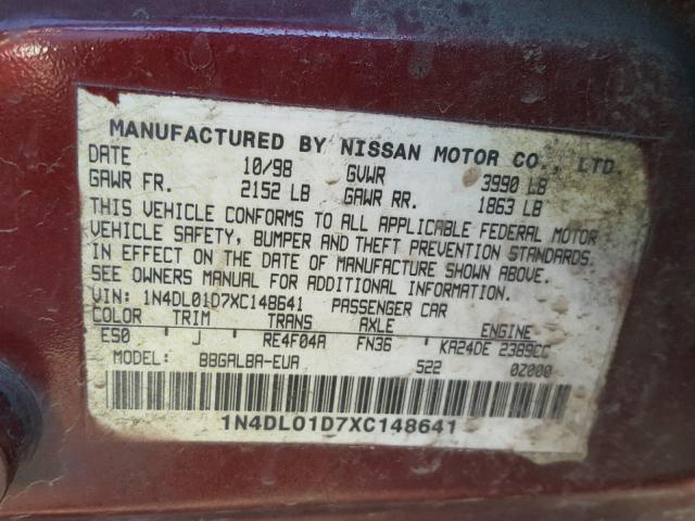 1N4DL01D7XC148641 - 1999 NISSAN ALTIMA XE BURGUNDY photo 10