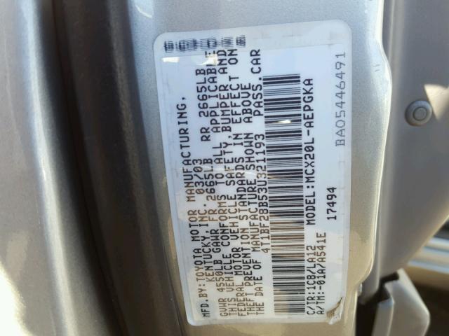 4T1BF28B53U321193 - 2003 TOYOTA AVALON XL SILVER photo 10