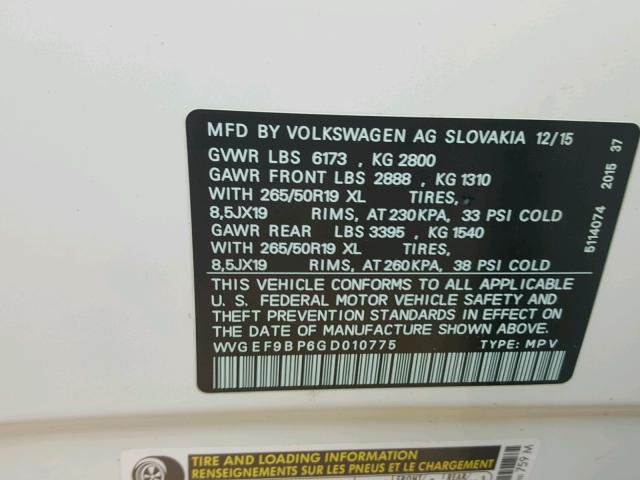 WVGEF9BP6GD010775 - 2016 VOLKSWAGEN TOUAREG SP WHITE photo 10