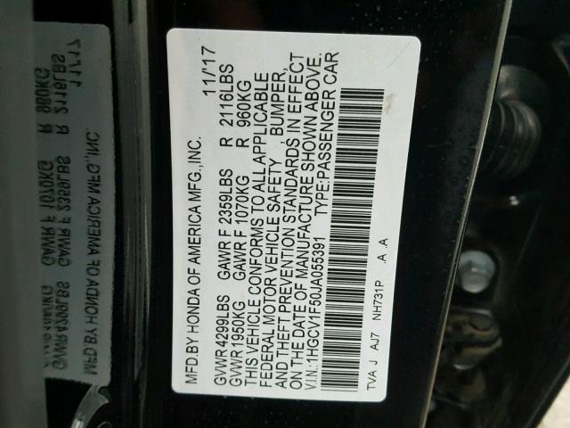 1HGCV1F50JA055391 - 2018 HONDA ACCORD EXL BLACK photo 10