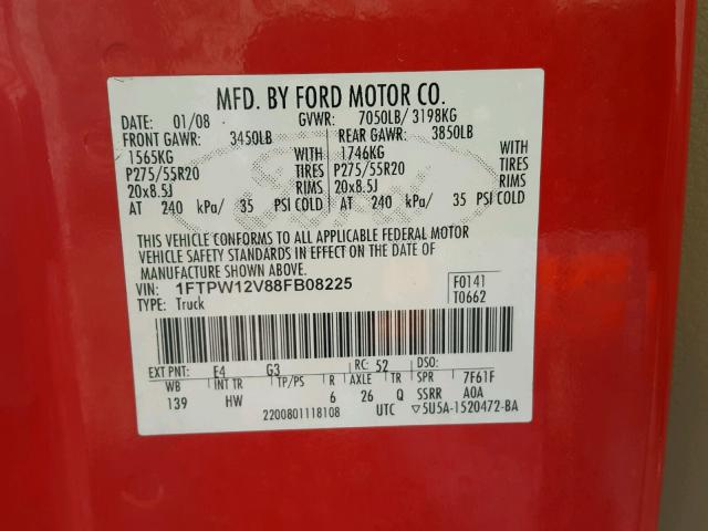 1FTPW12V88FB08225 - 2008 FORD F150 SUPER RED photo 10