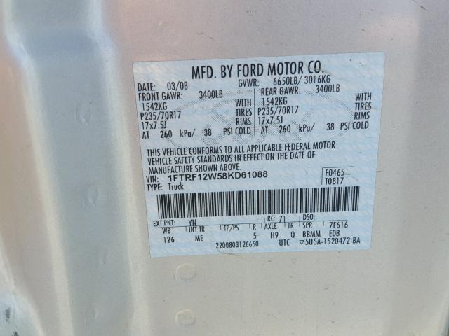 1FTRF12W58KD61088 - 2008 FORD F150 SILVER photo 10