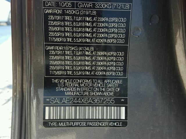 SALAE244X6A367255 - 2006 LAND ROVER LR3 GRAY photo 10