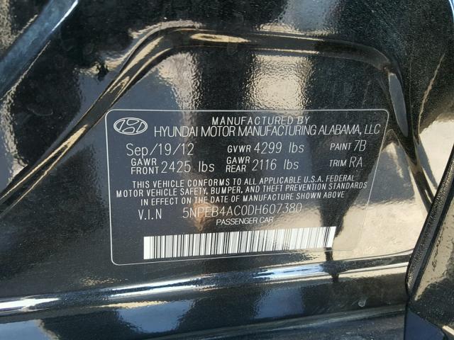 5NPEB4AC0DH607380 - 2013 HYUNDAI SONATA GLS BLACK photo 10