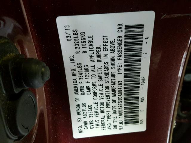 19UUA9F50DA004783 - 2013 ACURA TL TECH MAROON photo 10