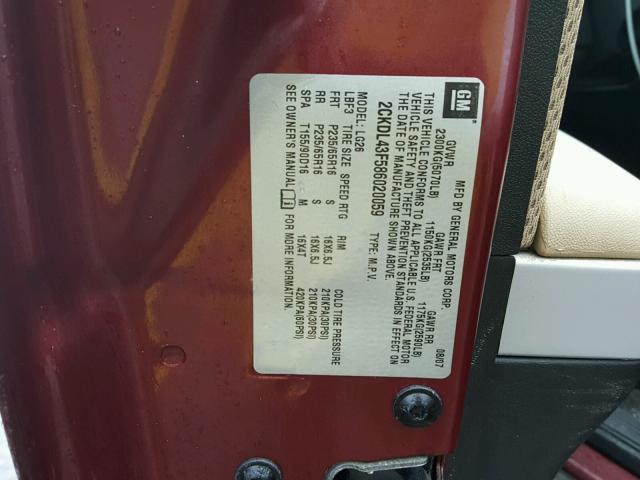 2CKDL43F586020059 - 2008 PONTIAC TORRENT BURGUNDY photo 10