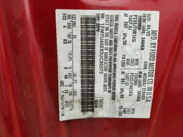 1FMYU60EX2UC80572 - 2002 FORD EXPLORER S BURGUNDY photo 10