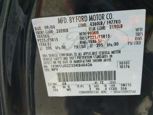 1FMYU02Z55KB40426 - 2005 FORD ESCAPE XLS BLACK photo 10