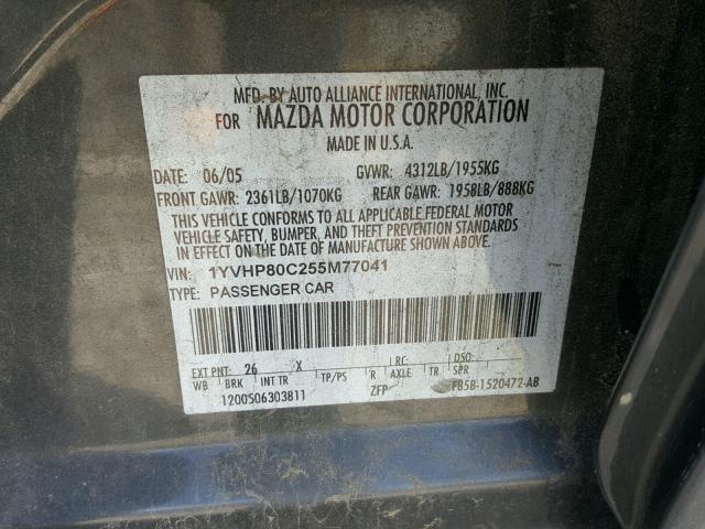 1YVHP80C255M77041 - 2005 MAZDA 6 I ნაცრისფერი ფოტო 10