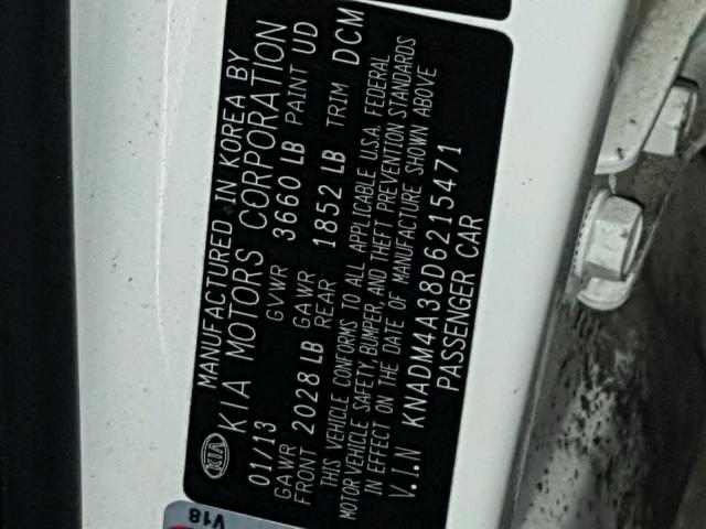 KNADM4A38D6215471 - 2013 KIA RIO LX Սպիտակ լուսանկար 10