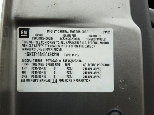 1GKET16S436134219 - 2003 GMC ENVOY XL GRAY photo 10