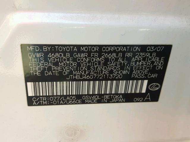 JTHBJ46G772113720 - 2007 LEXUS ES 350 WHITE photo 10