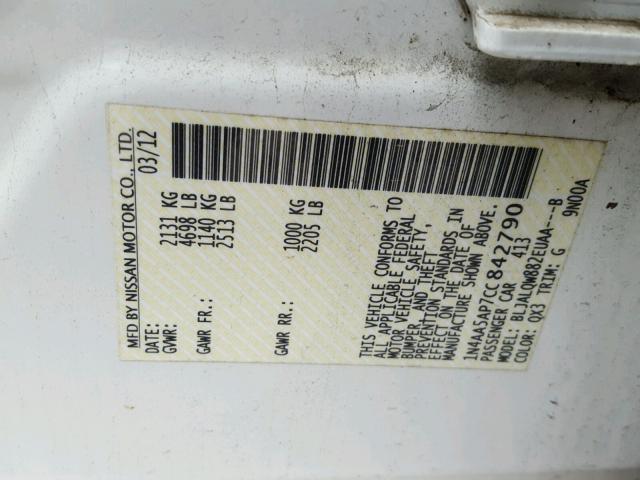 1N4AA5AP7CC842790 - 2012 NISSAN MAXIMA S WHITE photo 10