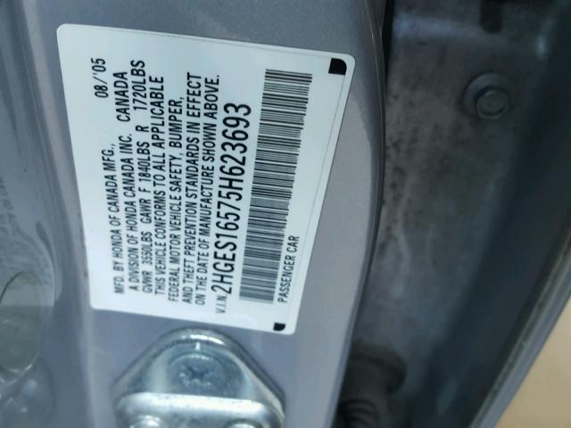 2HGES16575H623693 - 2005 HONDA CIVIC LX SILVER photo 10