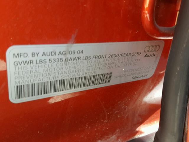 WAUDL74F05N040568 - 2005 AUDI A6 4.2 QUA ORANGE photo 10