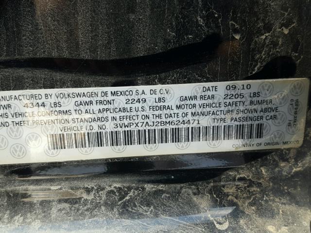 3VWPX7AJ2BM624471 - 2011 VOLKSWAGEN JETTA S 黑色 照片 10