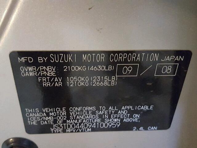 JS3TD044094100959 - 2009 SUZUKI GRAND VITA GOLD photo 10