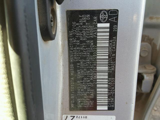 2T1KR32EX6C593227 - 2006 TOYOTA COROLLA MA SILVER photo 10