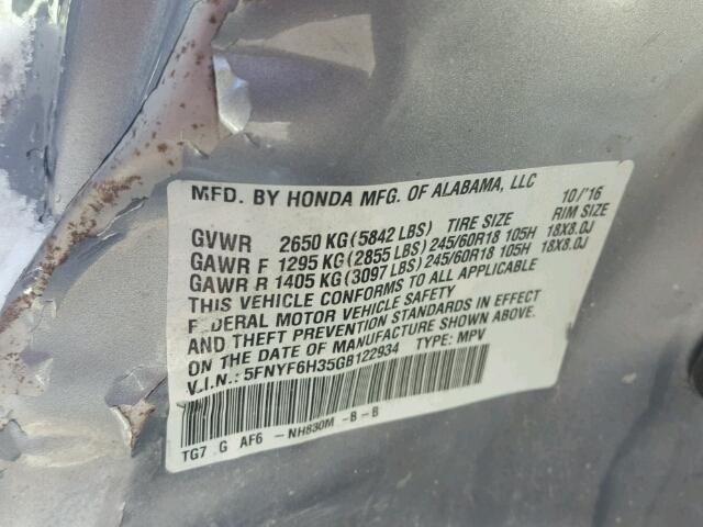 5FNYF6H35GB122934 - 2016 HONDA PILOT EX SILVER photo 10