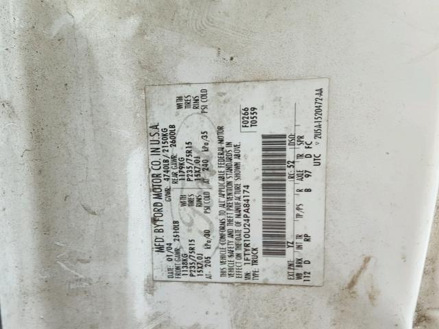 1FTYR10U24PA84174 - 2004 FORD RANGER WHITE photo 10