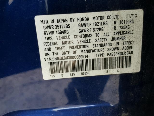 JHMGE8H30DC080514 - 2013 HONDA FIT BLUE photo 10