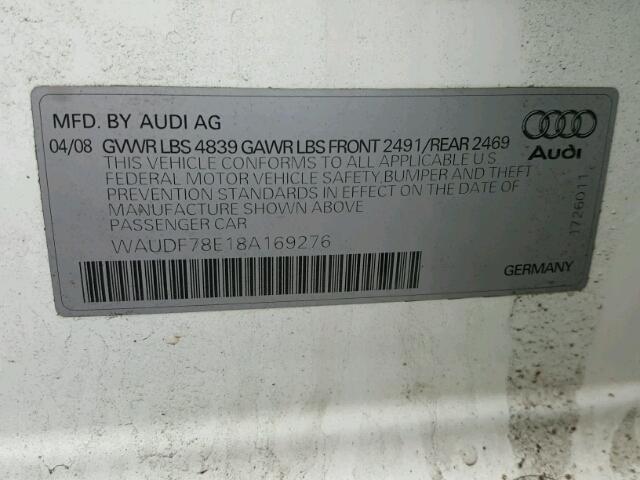 WAUDF78E18A169276 - 2008 AUDI A4 2.0T QU WHITE photo 10