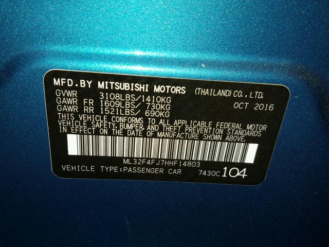 ML32F4FJ7HHF14803 - 2017 MITSUBISHI MIRAGE G4 BLUE photo 10