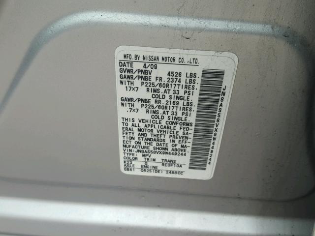 JN8AS58VX9W449244 - 2009 NISSAN ROGUE S SILVER photo 10