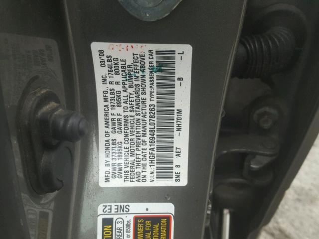 1HGFA16948L078263 - 2008 HONDA CIVIC EXL GRAY photo 10