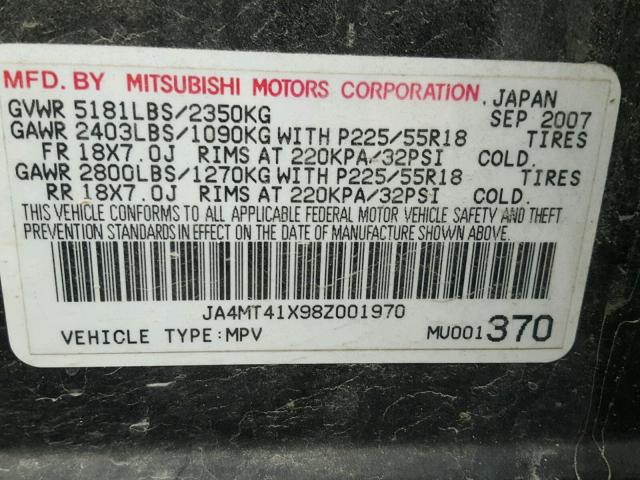 JA4MT41X98Z001970 - 2008 MITSUBISHI OUTLANDER BLACK photo 10