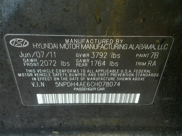 5NPDH4AE6CH078074 - 2012 HYUNDAI ELANTRA GL BLACK photo 10