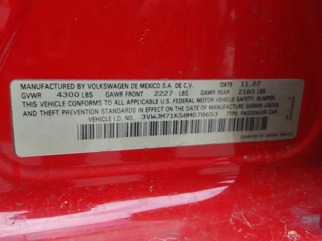 3VWJM71K58M078653 - 2008 VOLKSWAGEN JETTA S RED photo 10